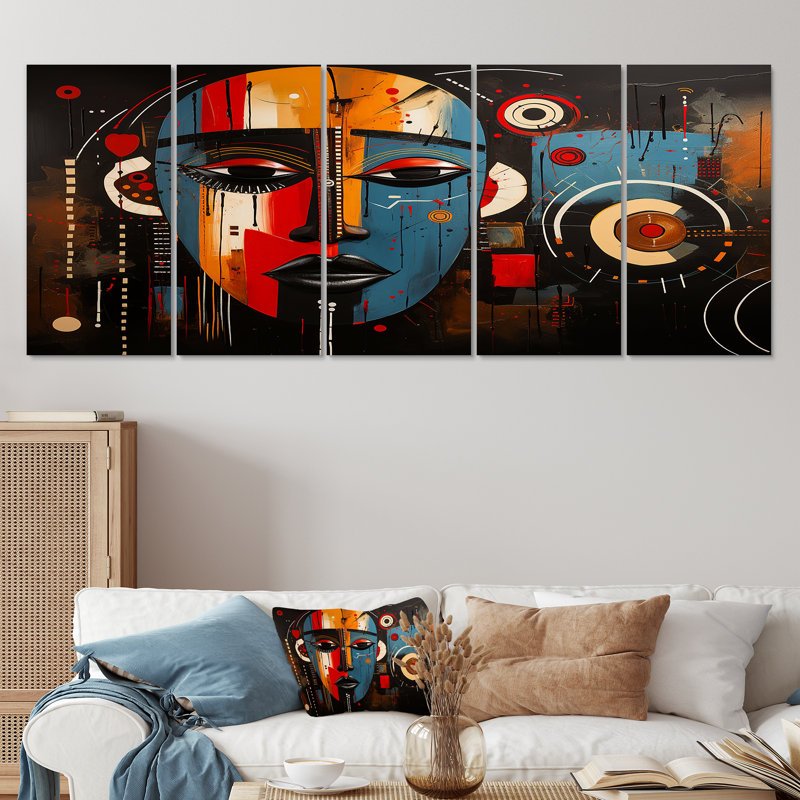 5 pièces d'art décontractées en rouge, bleu et noir - Masque africain, art mural sur toile, H 32 po x l 80 po