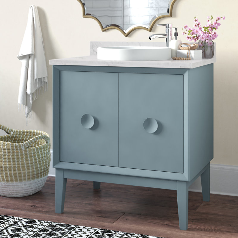 Crumley 31'' Free-standing Single Bathroom Vanity with Stone Vanity Top, Aqua Blue/White Carrara