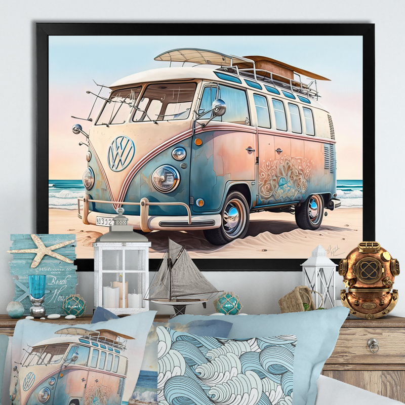 «70S Surfing Van At The Beach II - Coastal Beach», art mural, H 16 po x l 32 po x P 1 po, Impression noire sur toile encadrée