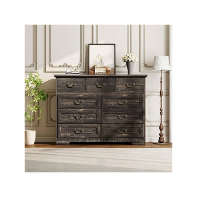 Commode 9 tiroirs pour commode de 47 po de large avec tiroirs en bois rétro avec texture naturelle et poignées florales dorées rétro