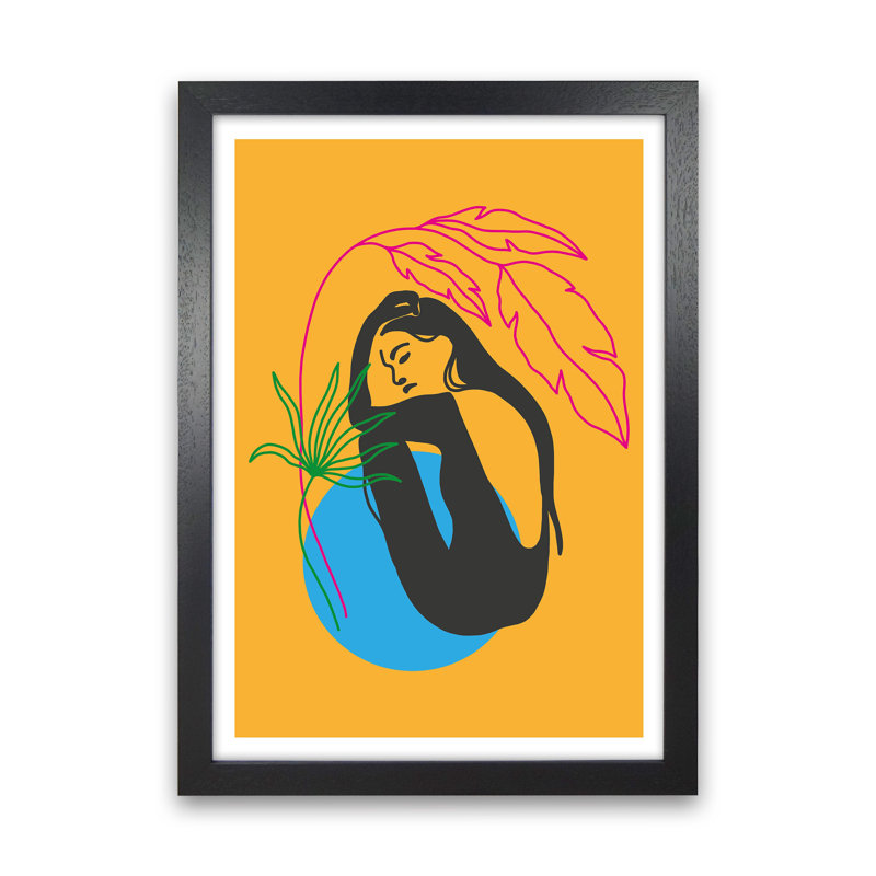 Girl Under Plant Yellow Neon Funk by Pixy Paper - Print, Black Framed, 42cm H x 29.7cm W x 3cm D