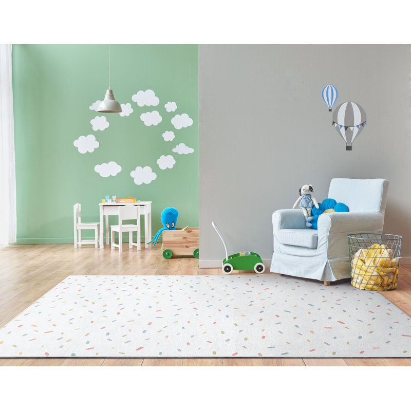 White and Multicolor Chenille Flat Woven Kids Rug, 6' x 9'