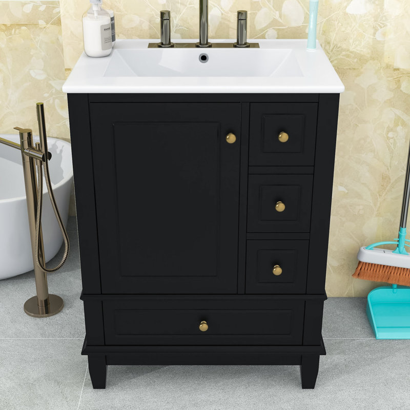 Armoire de meuble-lavabo autoportante en bois avec plateau en céramique et 3 tiroirs, Noir, noir, noir, noir