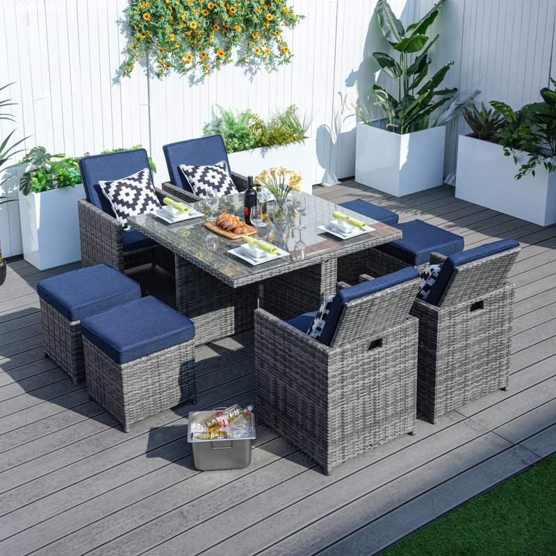 Square 8 - Person 49.2'' Patio Dining Set With Cushions, Gray, Navy Blue