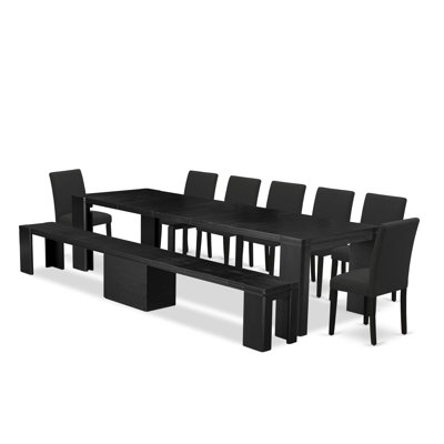 9-piece Dining Room Table Set a Rectangular Dining Table and a wooden Bench and 7 Black Linen Fabric Dining Chair, Wire Brushed Black