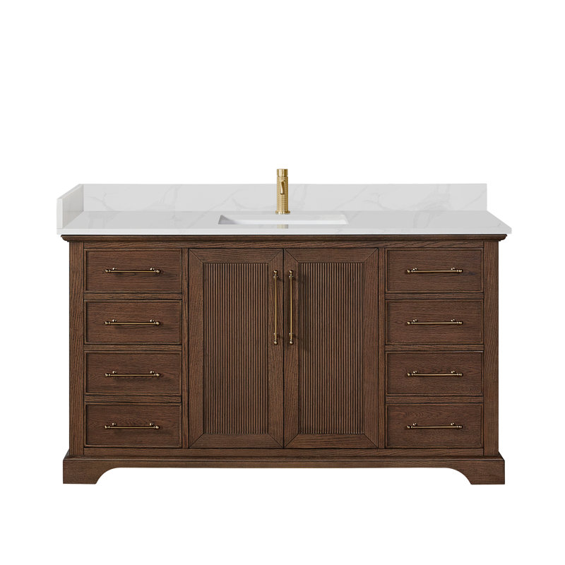 Friedliese 60" Single Bath Vanity with Silk White Quartz Stone Top, Aged Dark Brown Oak