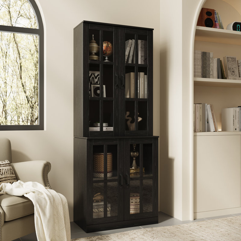 71" H X 23.6" W Kitchen Pantry With Bookcases, Glass Door Kitchen Hutch, Black