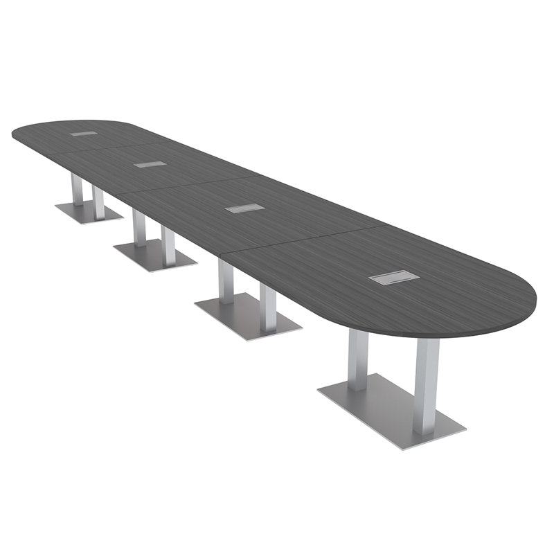Racetrack Shaped Conference Table with Double Metal Post Base | Electrical Unit, Silver, Lakeland Salt, 240" L x 48" W