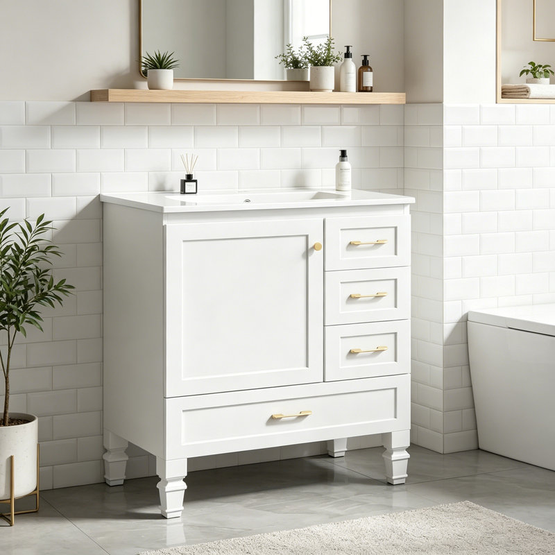 Meuble-lavabo de salle de bain avec 1 porte à fermeture douce et 3 tiroirs, Blanc