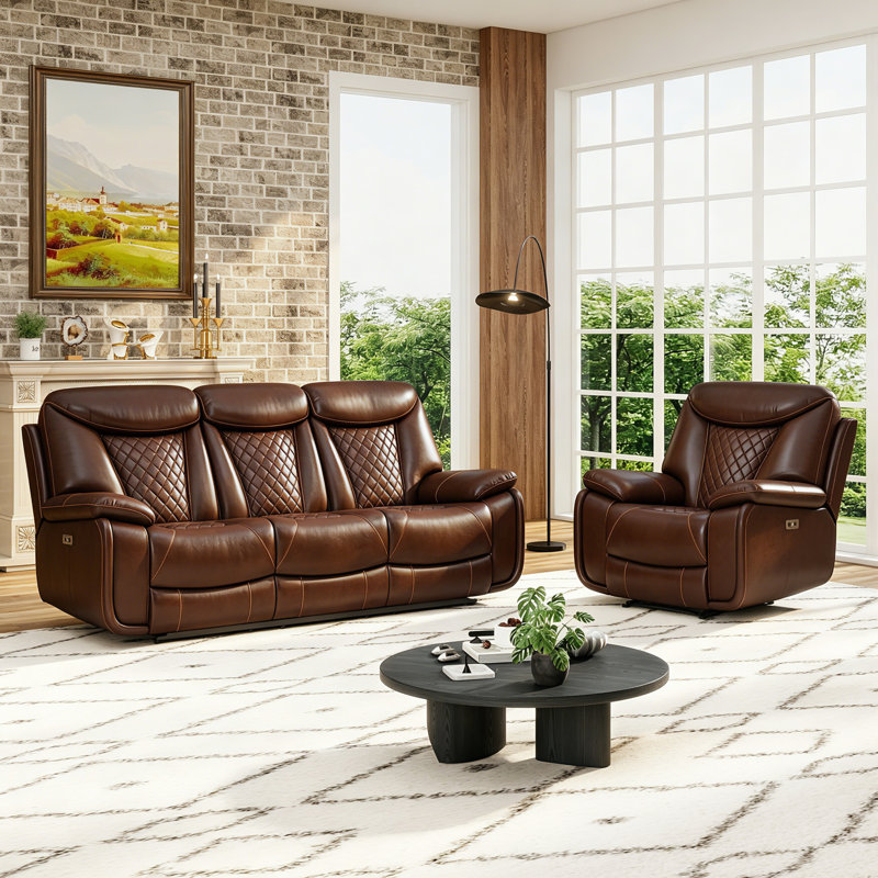 Saneela Breathable Leather Power Reclining Living Room, Classic Espresso Faux Leather