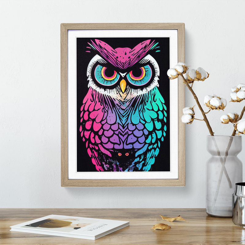 Neon Owl - Single Picture Frame Print, 64cm H x 46cm W x 2cm D, Oak