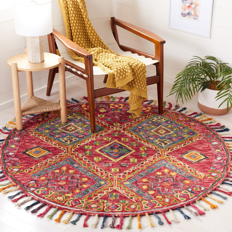 Oriental Hand Tufted Wool/Cotton Area Rug in Pink/Turquoise/Brown/Yellow, Round 5'