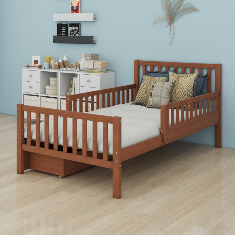 Wood Platform Bed With Guardrails On Both Sides And Storage Drawers, Walnut, Twin