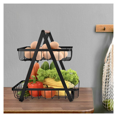 Panier à fruits à deux niveaux en métal avec poignée en bois, organisateur de comptoir moderne noir pour la cuisine, le bureau ou le garde-manger