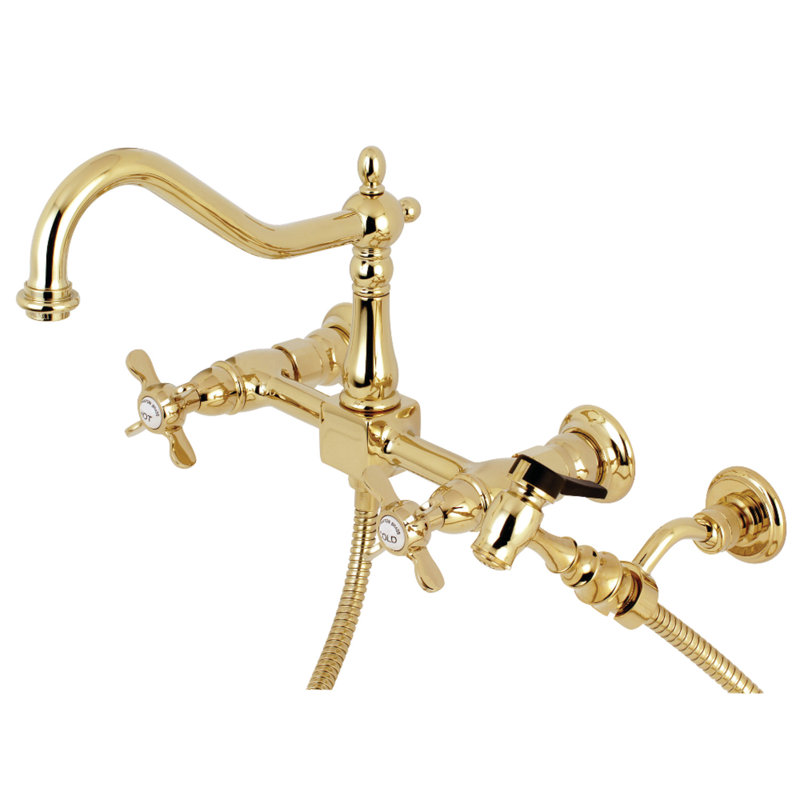Kingston Brass Essex Double-Handle 3-Hole Wall-Mount Bridge Kitchen Faucet with Brass Sprayer
