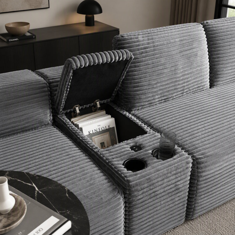 Canapé d'angle 125'' avec deux poufs, canapé infonuagique avec assise profonde, canapé en forme de U avec porte-gobelets et ports USB, canapés en velours côtelé pour salon, gris