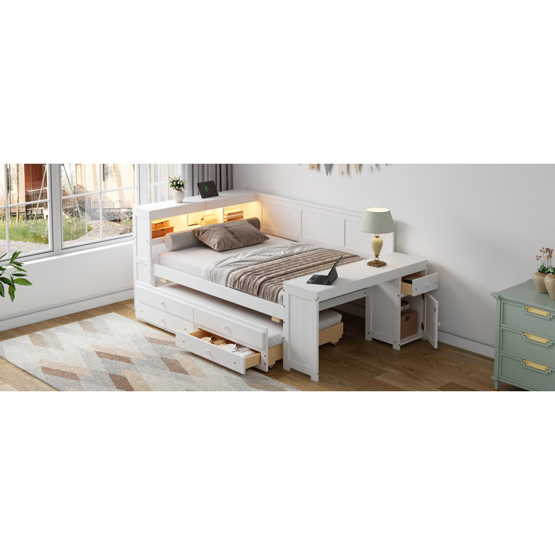 Daybed With Storage, LED Lighting, Desk,, White