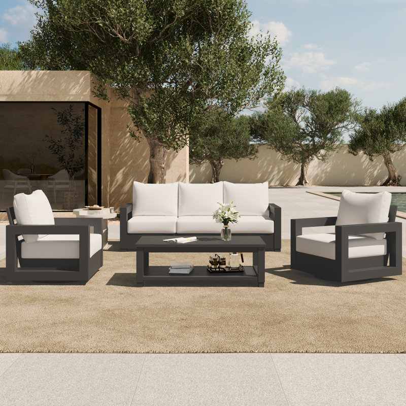 Ensemble de 4 chaises d'extérieur Modern, 4 pièces: table, canapé, 2 chaises, White Cushion/Black Frame
