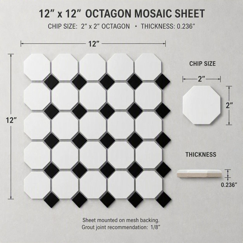 Matte 2x2" White Octagon & Black Dot 12x12 Mosaic - Wall & Floor Porcelain Mosaic tile (set of 20 sheets), White Black