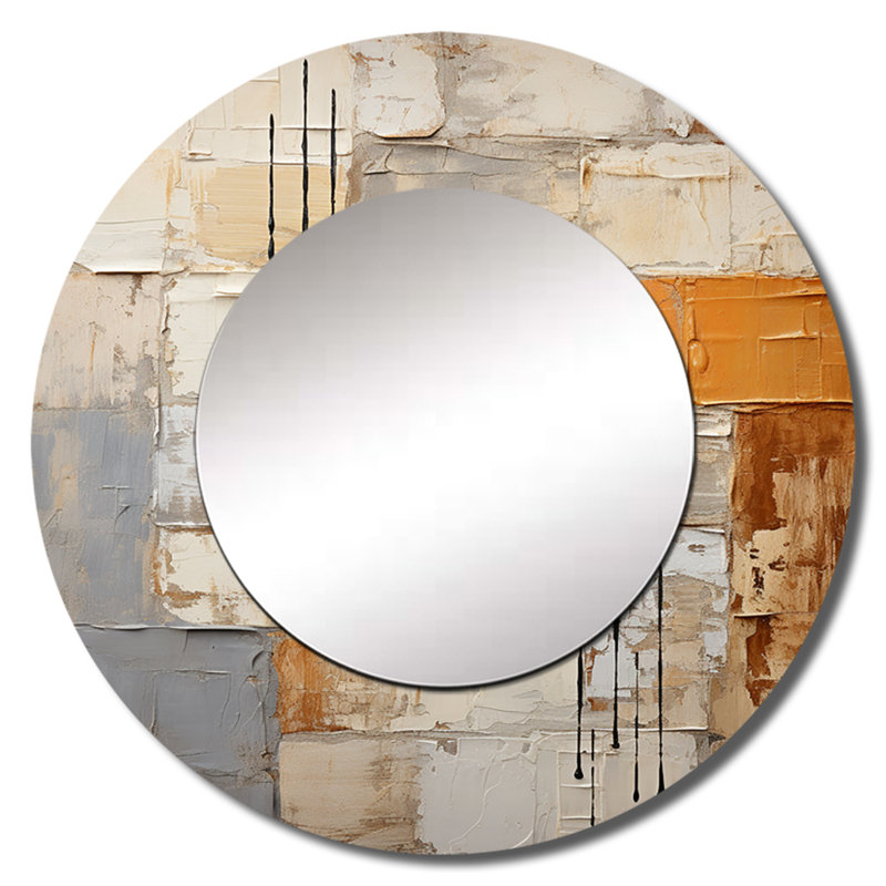 Pazo Abstraction I - miroir à collages abstraits, miroir mural rond jaune unique, impression sur métal, 29 po x 29 po