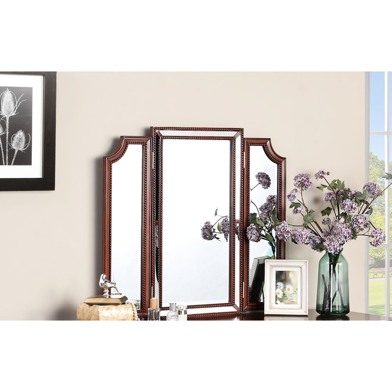 Meuble-lavabo de chambre à coucher avec tabouret - couleur cerise, 3 compartiments, miroir trois, rangement de style traditionnel 3, miroir