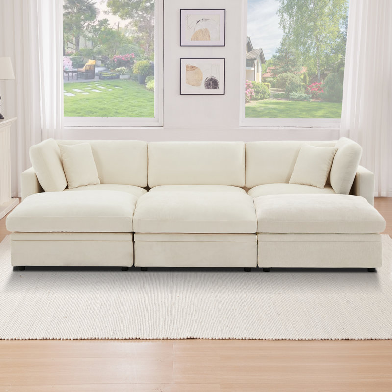 118.5” Oversized Cloud Modular Sectional Down Filled 6-Seater Sofa With Storage Ottomans, Beige