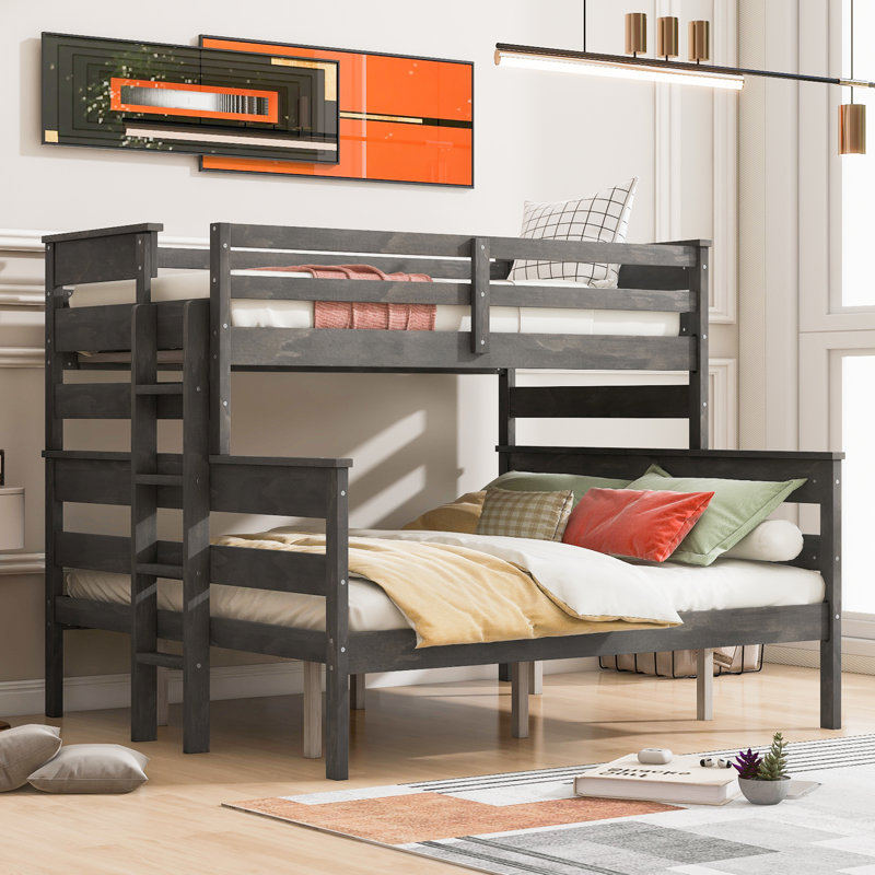 Wood Twin XL Over Queen Bunk Bed With Ladder, Grey