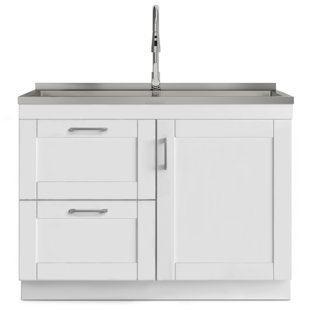 Laundry Sink Cabinet with Pull-out Faucet, Stainless Steel Utility Hand  washing station with Storage Compartment, for Laundry room, Transitional (