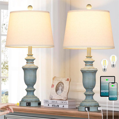 Ensemble de 2 lampes de table côtières de 25,6 po avec ports USB C + A et prise de courant pour salon rustique, chambre rétro, lampe de chevet à intensité variable à 3 voies pour table de chevet, table de bout rétro