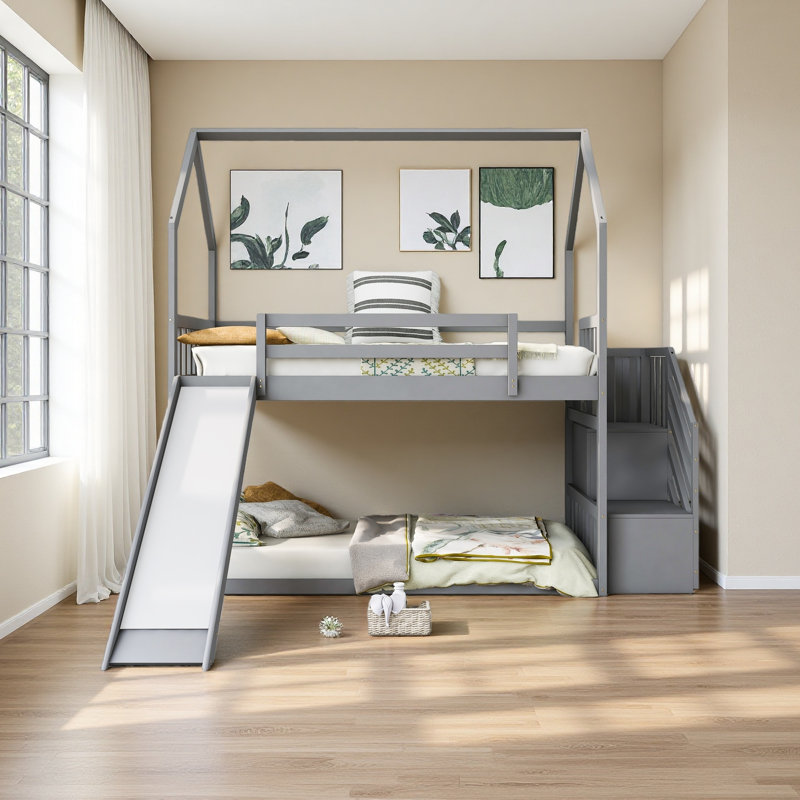 Twin Over Twin House Bunk Bed With Convertible Slide,Storage Staircase Can Be Placed Left Or Right, Gray