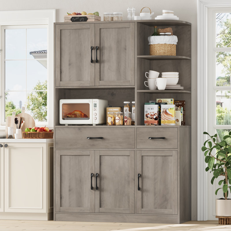Garde-manger 67 po avec tablette à micro-ondes et garde-manger en bois avec tiroirs, Brun