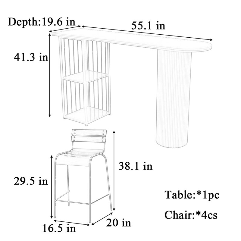 Table et chaise de bar Light Luxury, H 41,3 po x L 55,1 po x l 19,6 po, Noir / argenté, Noir