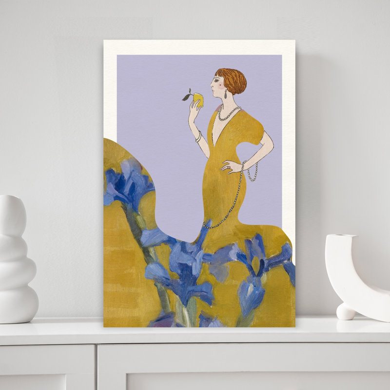 Golden Flapper Amidst Irises Classic Elegant Vintage Iris Flower Fruit Wall Art Print 1 Piece Wrapped Canvas Wall Art