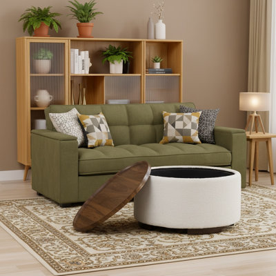 Table basse ronde avec repose-pieds 29,5 pouces, table basse circulaire moderne avec rangement avec couvercle amovible et pieds en bois massif, grand repose-pieds rond pour la chambre à coucher et le salon