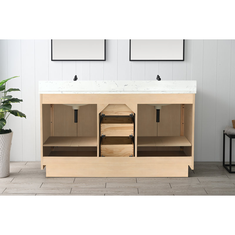 Ensemble de meuble-lavabo double 60 po Charlyann, Teck blanc