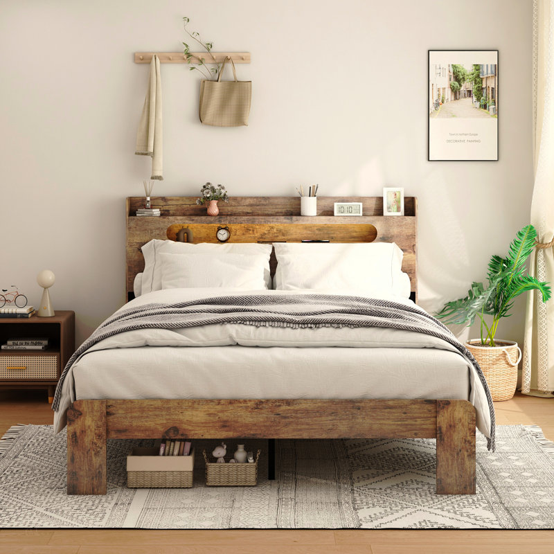 Cadre de lit très grand, cadre de lit plateforme en bois avec tête de lit à DEL avec rangement et 2 ports USB, silencieux, aucun sommier nécessaire et outil d'assemblage facile, grand rangement sous le lit
