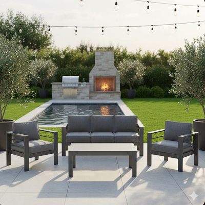 All-Weather 4-Piece Modern Metal Patio Furniture Set, 5-Seat Conversation Sofa With Coffee Table