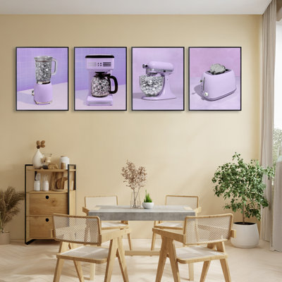 Ustensiles de cuisine disco en mauve, ensemble de 4 giclées encadrées, design par Lish Creative