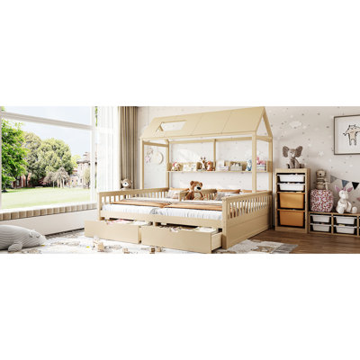 Lit plateforme simple au-dessus de la maison, naturel, avec tablettes, bois massif, pour la chambre commune des frères et sœurs, couleur naturelle double, conception enfantine, support solide, tiroirs de rangement