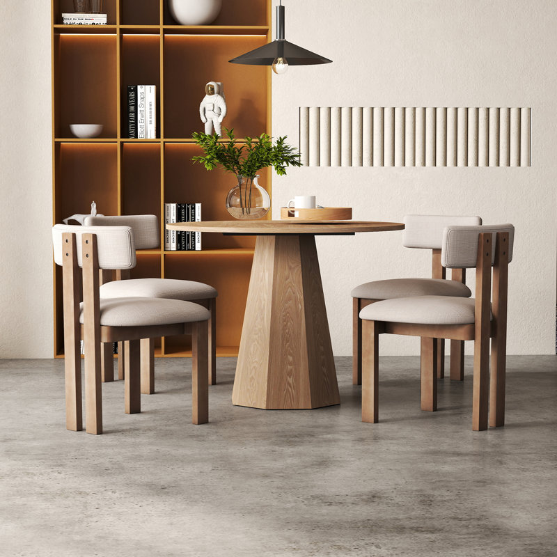 5-Piece Dining Set Mid-Century Modern Wooden Table & Upholstered Chair Set For Home, Kitchen, Dining Room, Brown Wood/Beige
