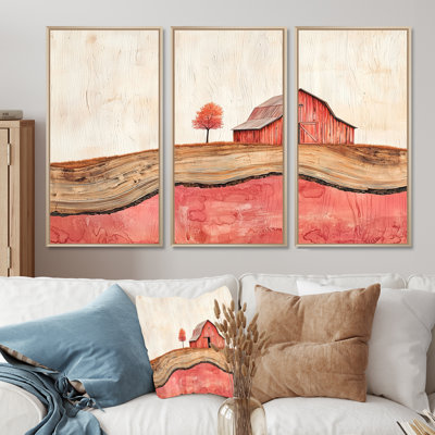Autumn Farm On A Wooden Slide Landscape II - Barn Framed Wall Art - 3 Panels