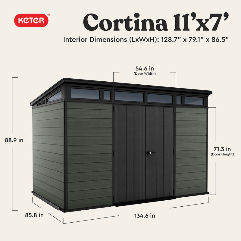 Keter Cortina 11x7 ft. Modern Durable Resin Outdoor Storage Shed With Floor and Double Doors for Garden Patio Furniture and Tools, Green