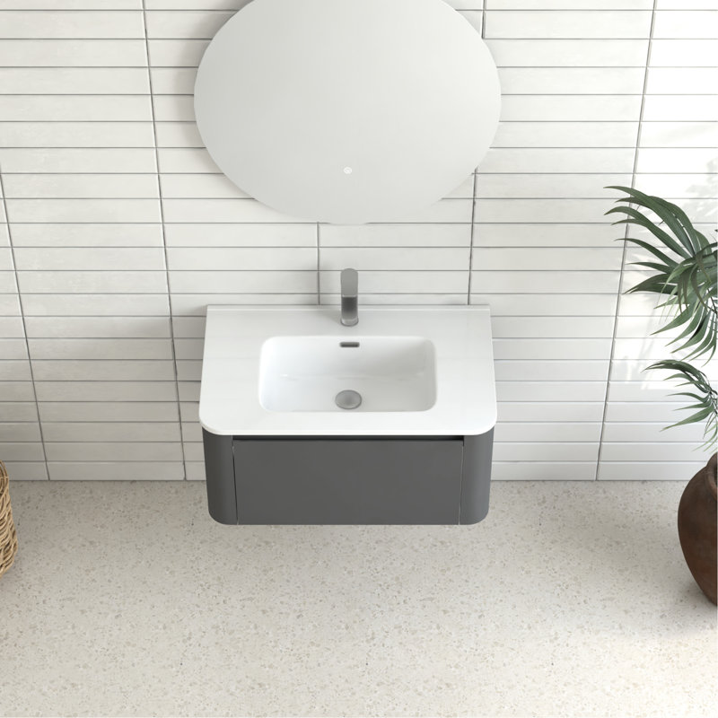 Meuble-lavabo mural gris de 30 po avec lavabo en céramique blanche sans couture, aspect flottant élégant, poignée inclinée à 45 °, tiroir à fermeture en douceur, surface d'usure, rangement organisé, style européen intégré de 30 po