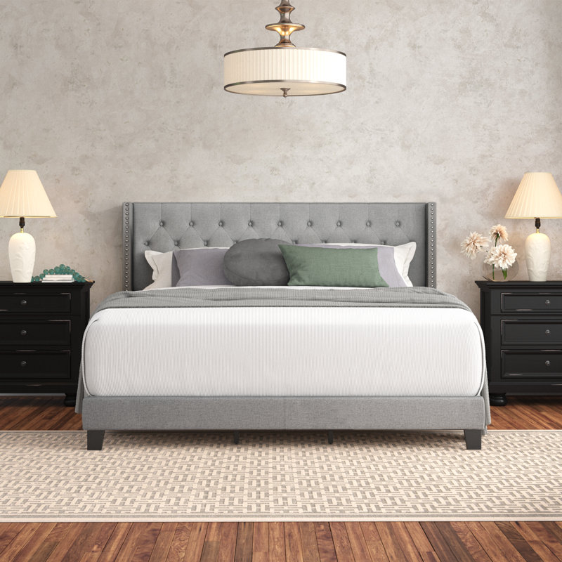 1Pc Size Bed Wingback Finish Polyester Fabric Button-Tufted Details Nailhead Trim Bedroom French Country Style