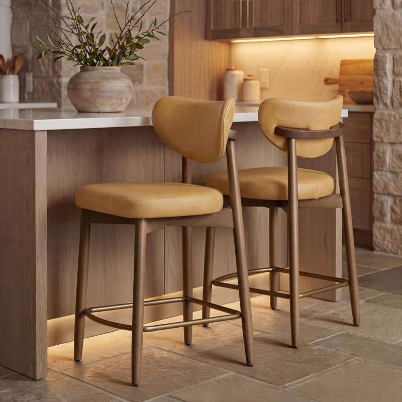 Tabouret de bar rembourré de style milieu du siècle, hauteur de comptoir, avec pieds en noyer massif, Marron clair