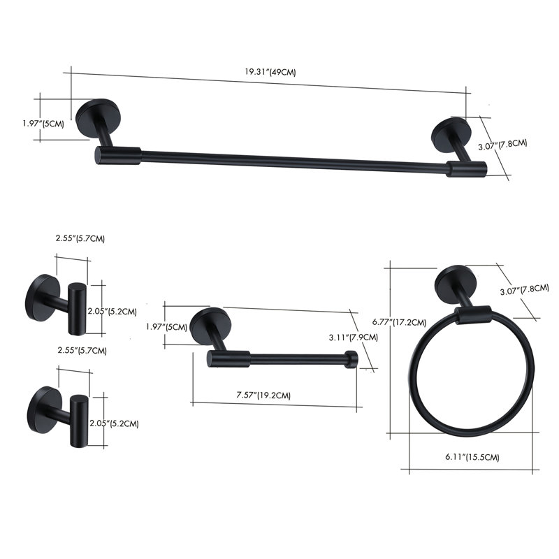 5 Piece Bathroom Accessories Set, Wall Mount Aluminium and Stainless Bathroom Hardware,, Matte Black