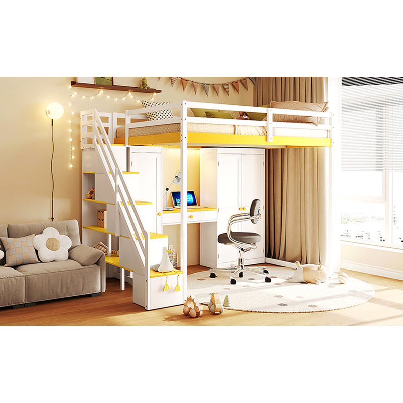 Lit mezzanine double avec escalier de rangement, coiffeuse intégrée avec miroir et tiroir, garde-robe et armoires, ports et lumières de charge USB, blanc et jaune