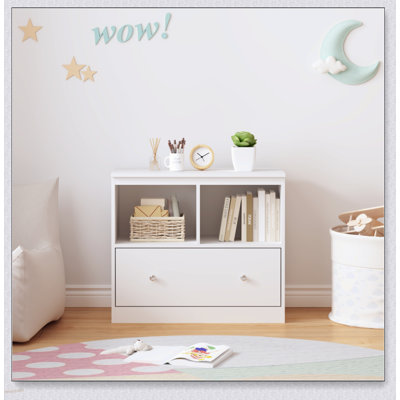 Kids Wooden Toy Storage Organizer with Large Drawer and Low Bookshelf for Nursery & Playroom, Ideal for Books and Toys