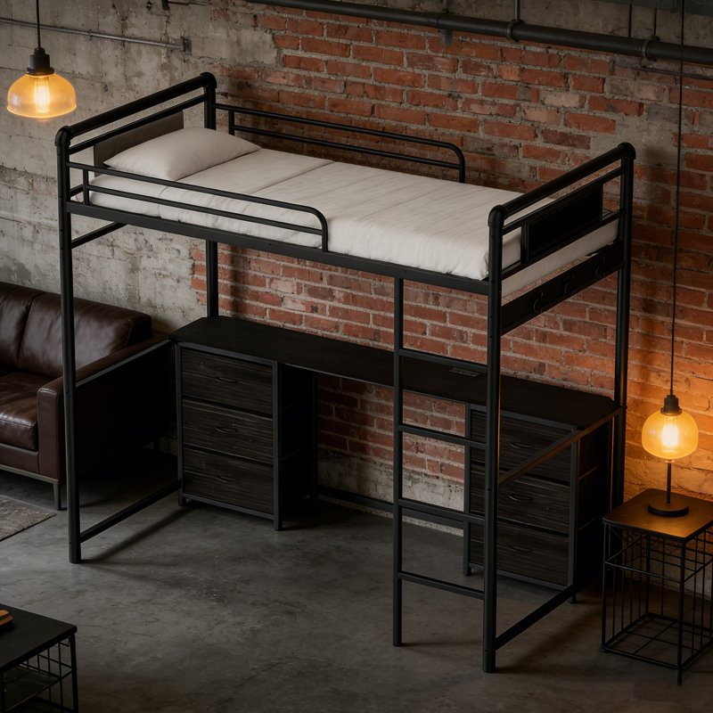 Lit mezzanine simple en métal avec bureau en forme de U, 6 tiroirs en tissu, lumières DEL, station de charge, panneau perforé et garde-corps