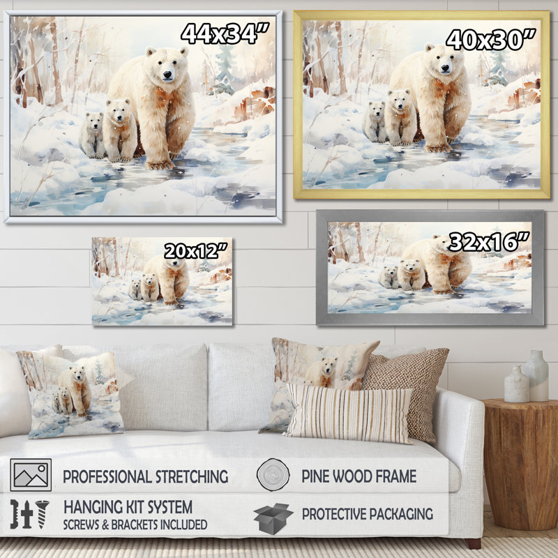 Ours polaires neige en hiver III - Ours 2, art mural, Cadre d'angle fermé noir, H 24 po x l 32 po x P 1 po
